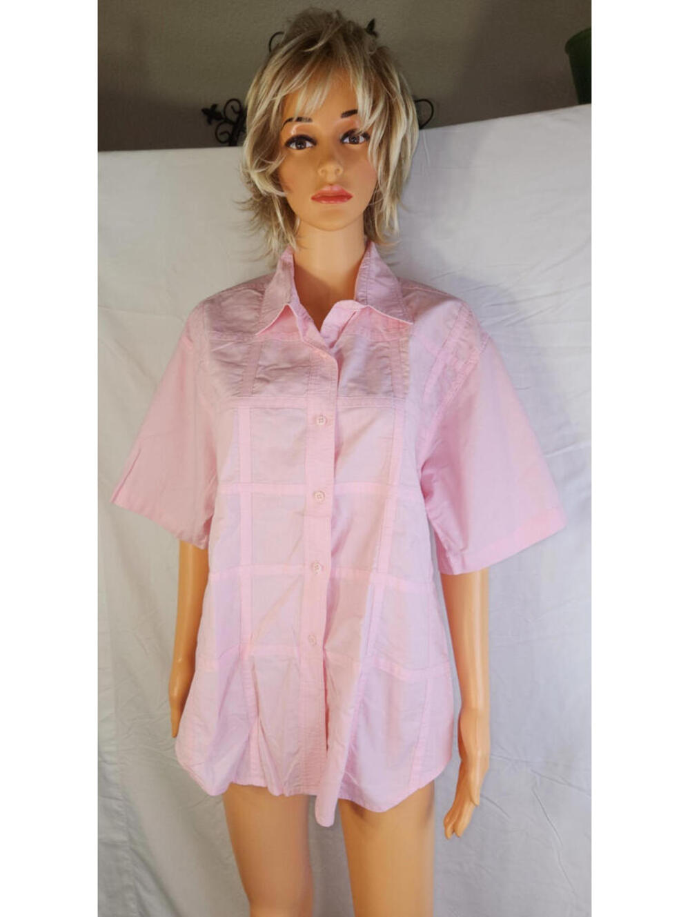 Women's Large Madras Pink 100% Cotton Linen Button Up Top,